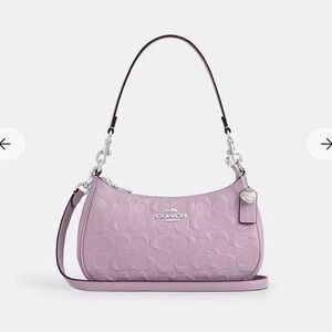 Coach Lilac Embossed Signature Shoulder Bag with Silver Hardware